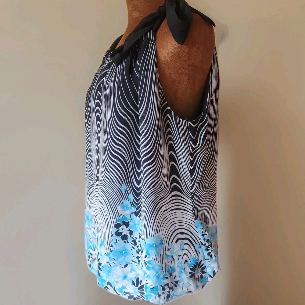 Y2K Wrapper Top Whimsigoth Floral Size L Chiffon Tie Strap Bow Blue Black Blouse